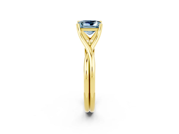 Yellow gold Princess Cut Aquamarine Solitaire Twist Band Prong Setting Ring