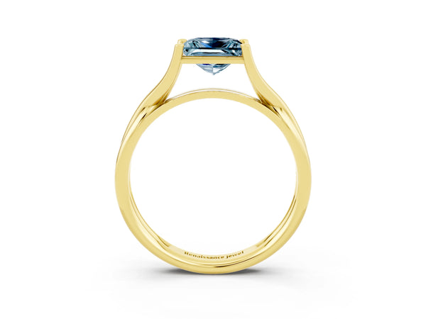 Yellow gold Princess Cut Aquamarine Solitaire Twist Band Prong Setting Ring