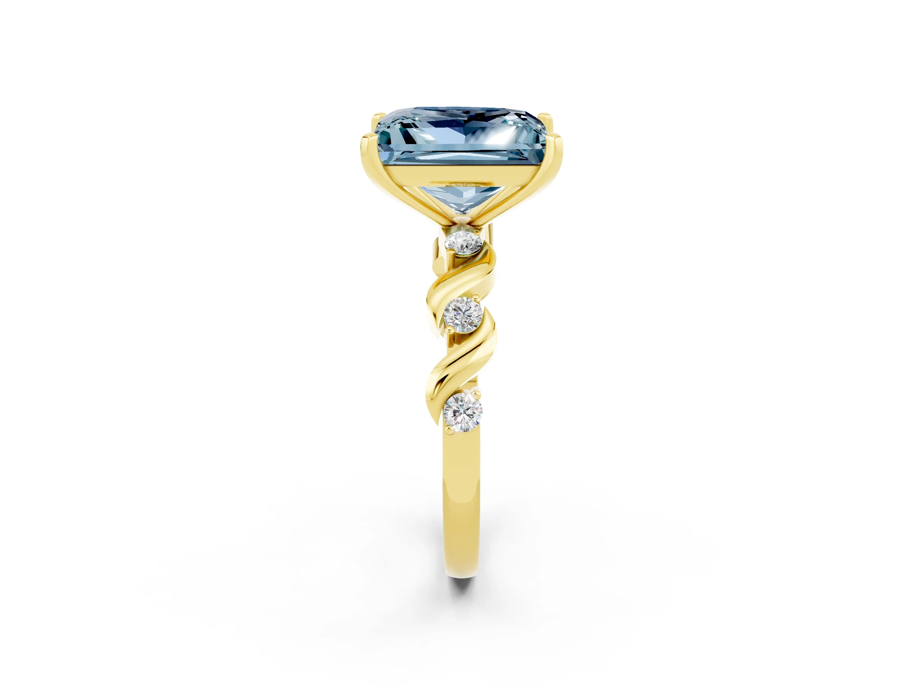 Yellow gold Princess Cut Aquamarine Solitaire Twisted Band with Round  Accents and Prong Setting_14