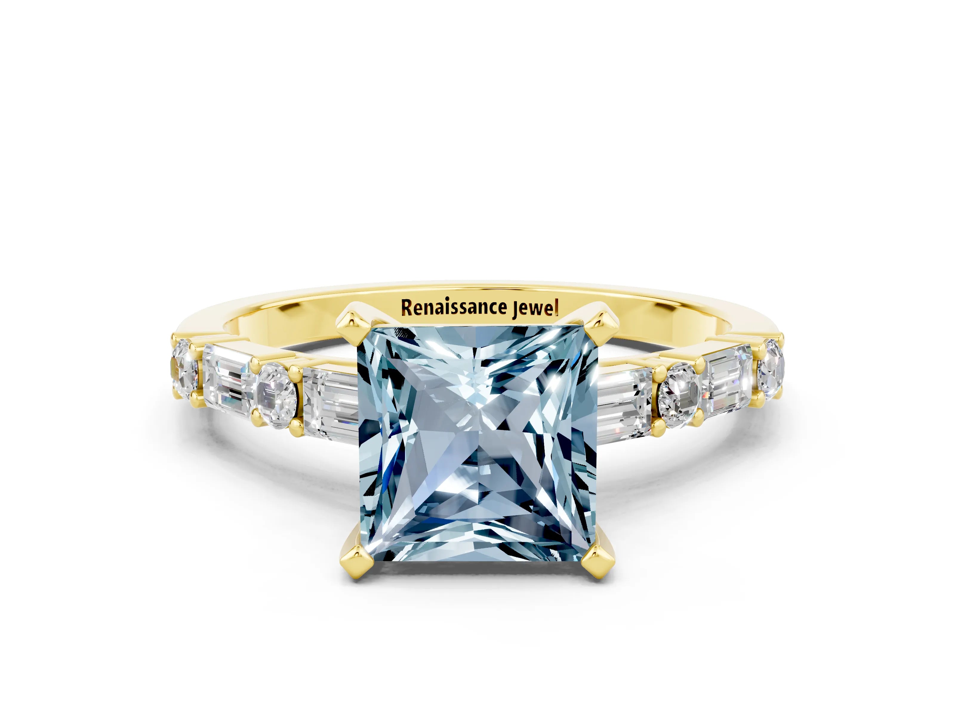 Yellow gold Princess Cut Aquamarine Solitaire with Side Baguettes and Channel Set Band