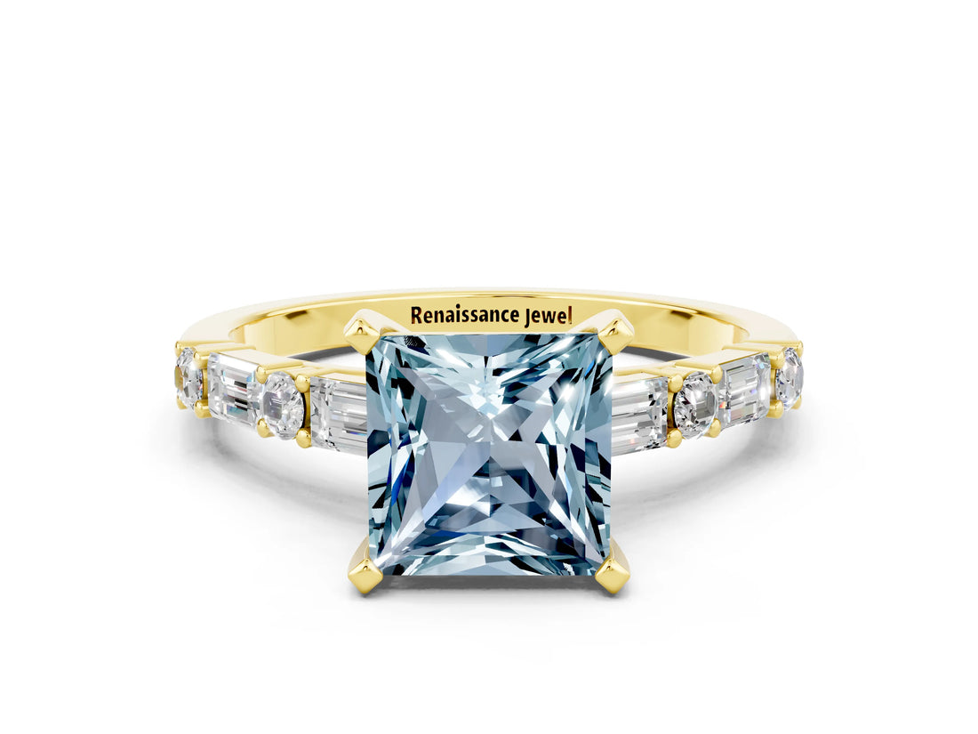 Yellow gold Princess Cut Aquamarine Solitaire with Side Baguettes and Channel Set Band