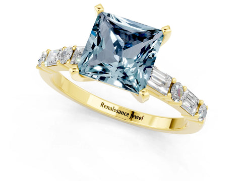 Yellow gold Princess Cut Aquamarine Solitaire with Side Baguettes and Channel Set Band_1