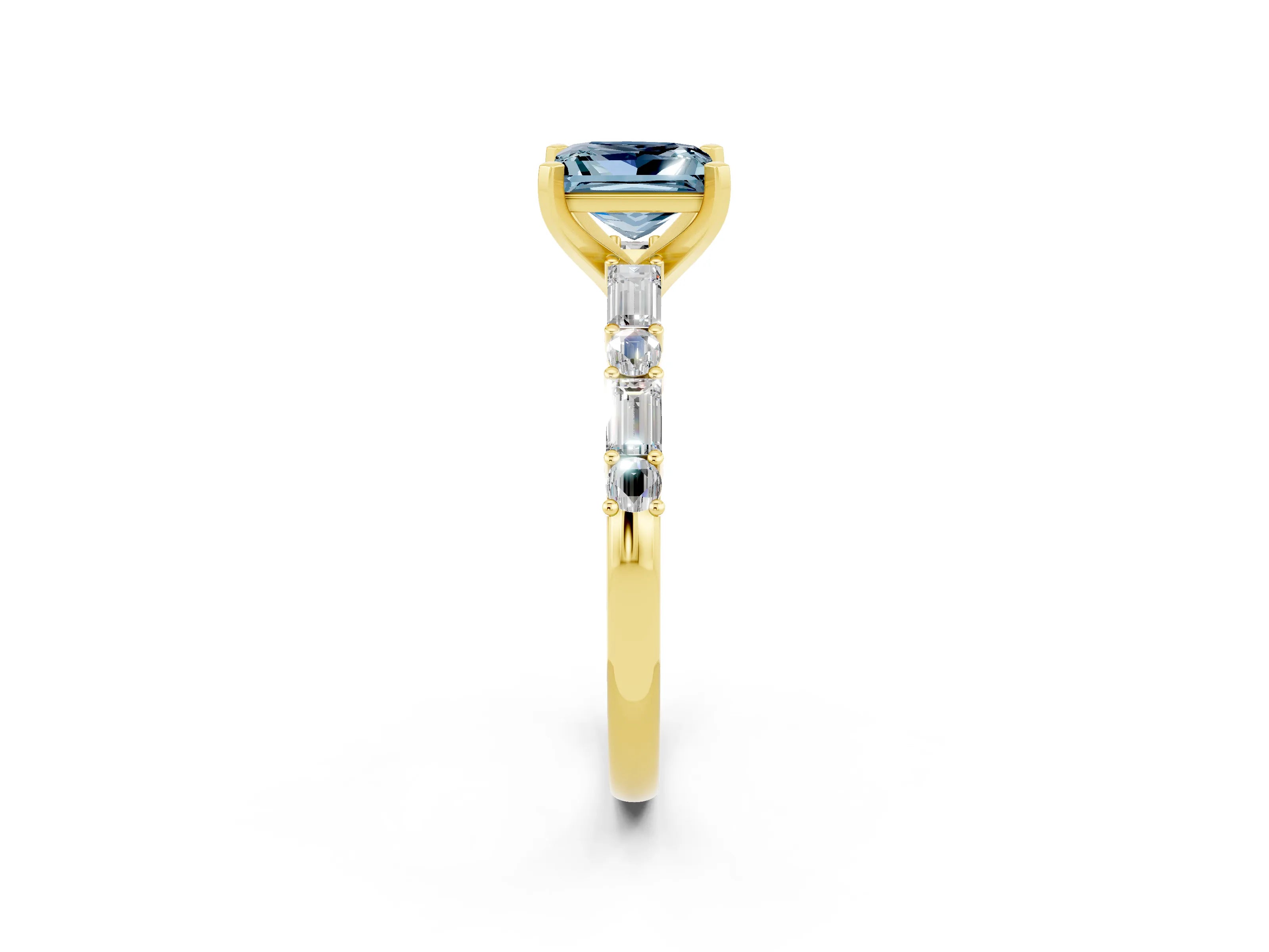 Yellow gold Princess Cut Aquamarine Solitaire with Side Baguettes and Channel Set Band_2