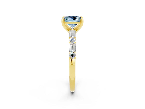 Yellow gold Princess Cut Aquamarine Solitaire with Side Baguettes and Channel Set Band