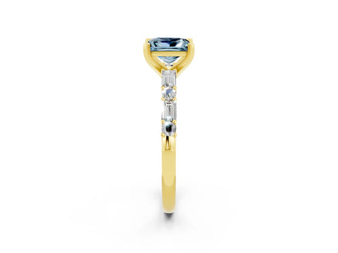 Yellow gold Princess Cut Aquamarine Solitaire with Side Baguettes and Channel Set Band_2
