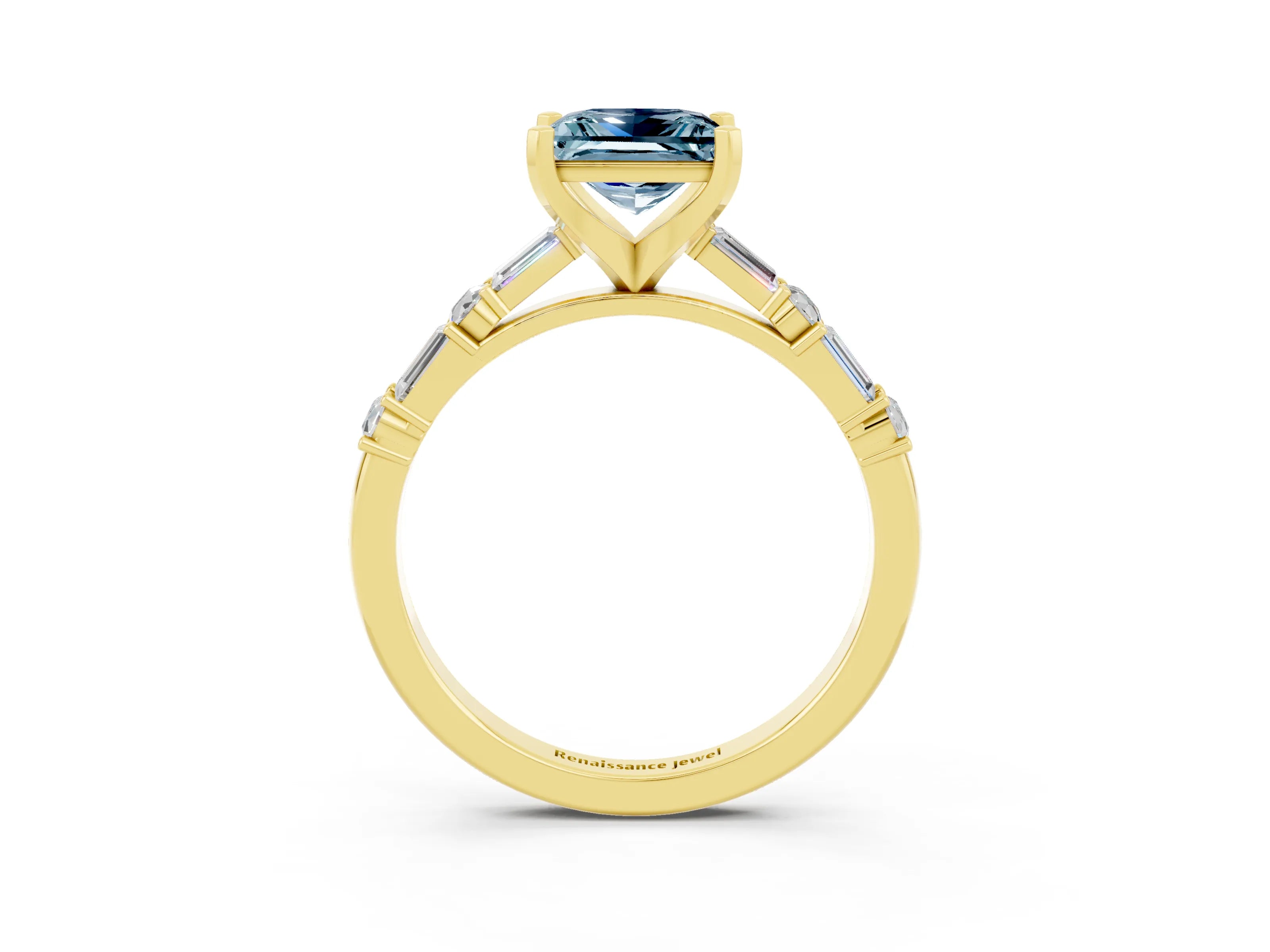 Yellow gold Princess Cut Aquamarine Solitaire with Side Baguettes and Channel Set Band_3