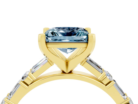 Yellow gold Princess Cut Aquamarine Solitaire with Side Baguettes and Channel Set Band_4