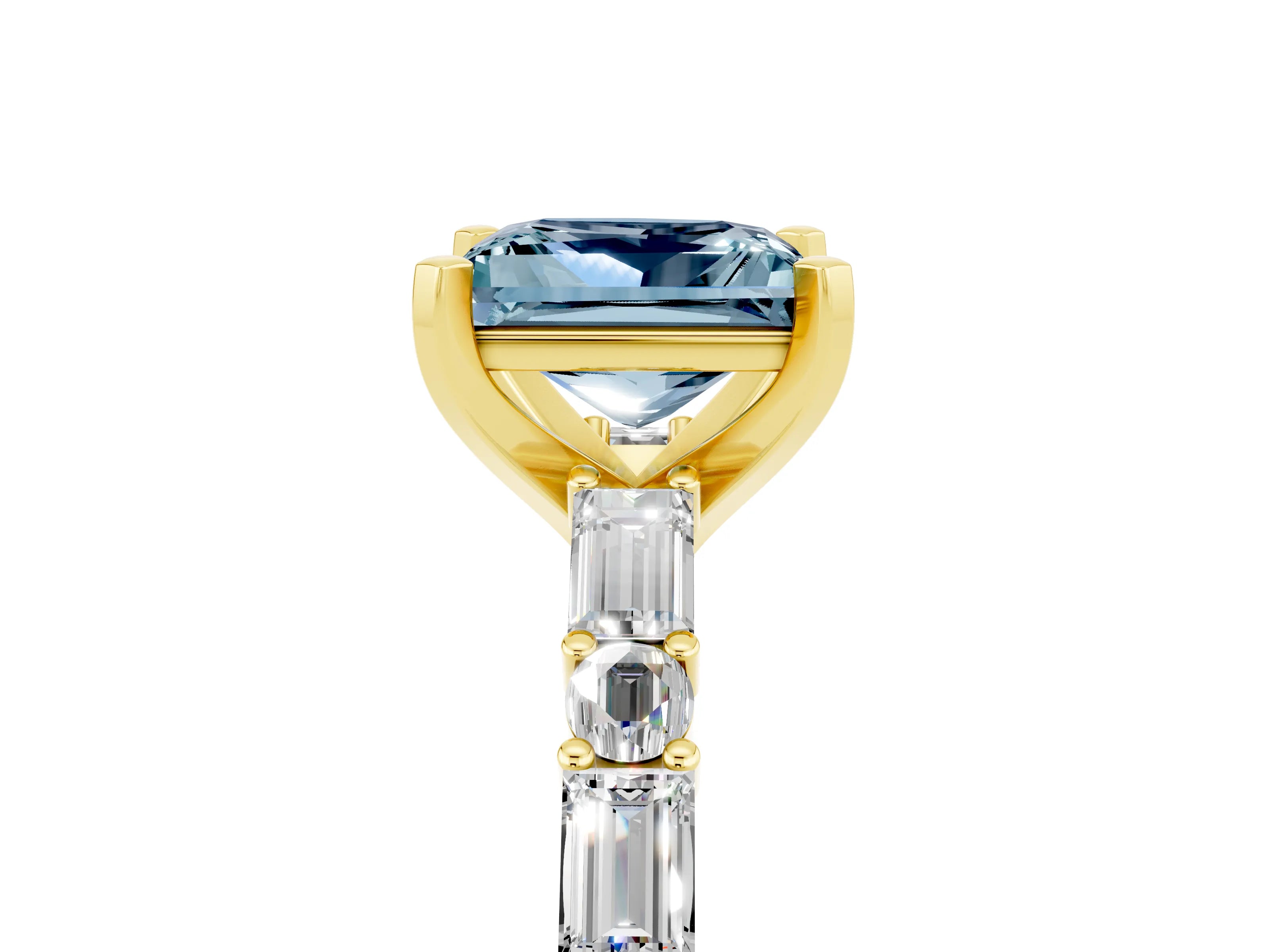 Yellow gold Princess Cut Aquamarine Solitaire with Side Baguettes and Channel Set Band_5