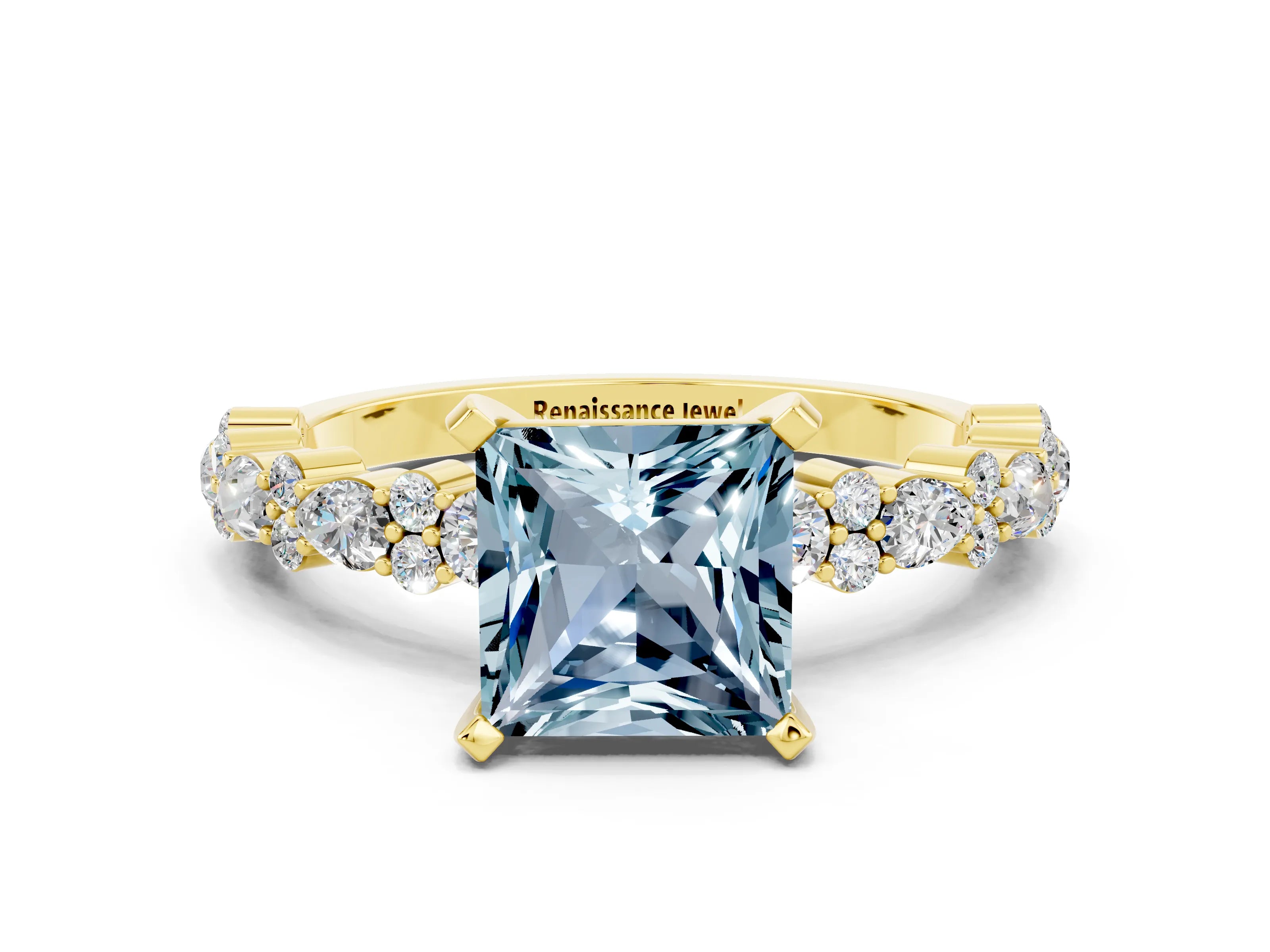 Yellow gold Princess Cut Aquamarine Solitaire with Side Stones, Pave Band, Four-Prong Setting_24