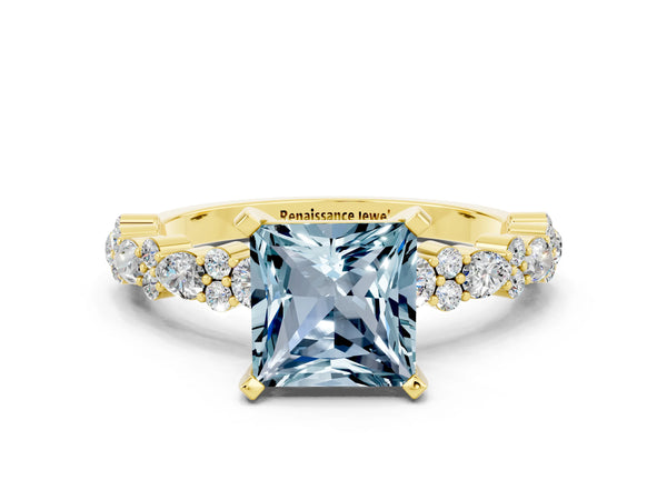 Yellow gold Princess Cut Aquamarine Side Stone Solitaire Ring with Round  and Four-Prong Setting