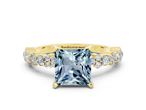 Yellow gold Princess Cut Aquamarine Solitaire with Side Stones, Pave Band, Four-Prong Setting_24
