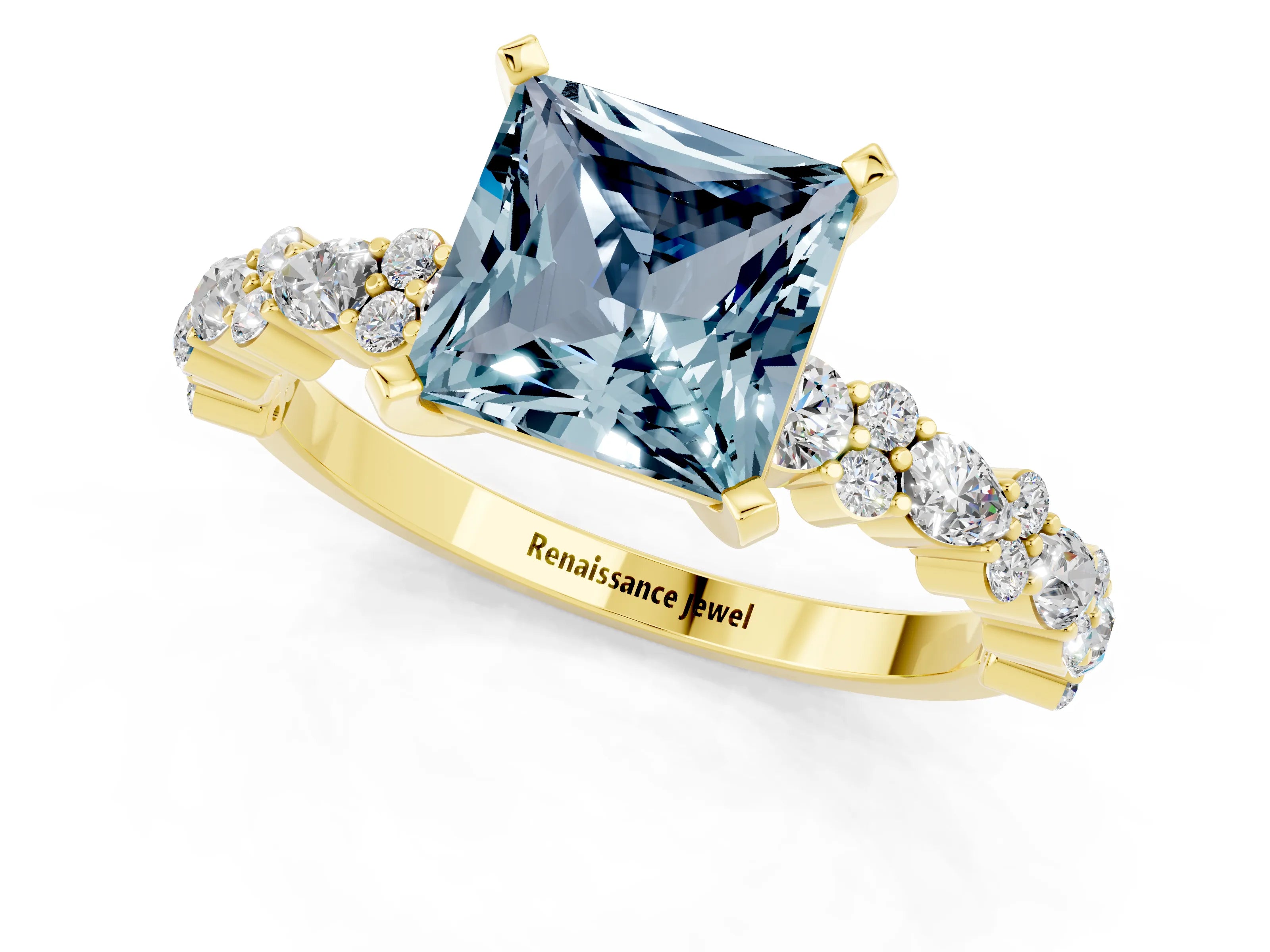 Yellow gold Princess Cut Aquamarine Solitaire with Side Stones, Pave Band, Four-Prong Setting_25