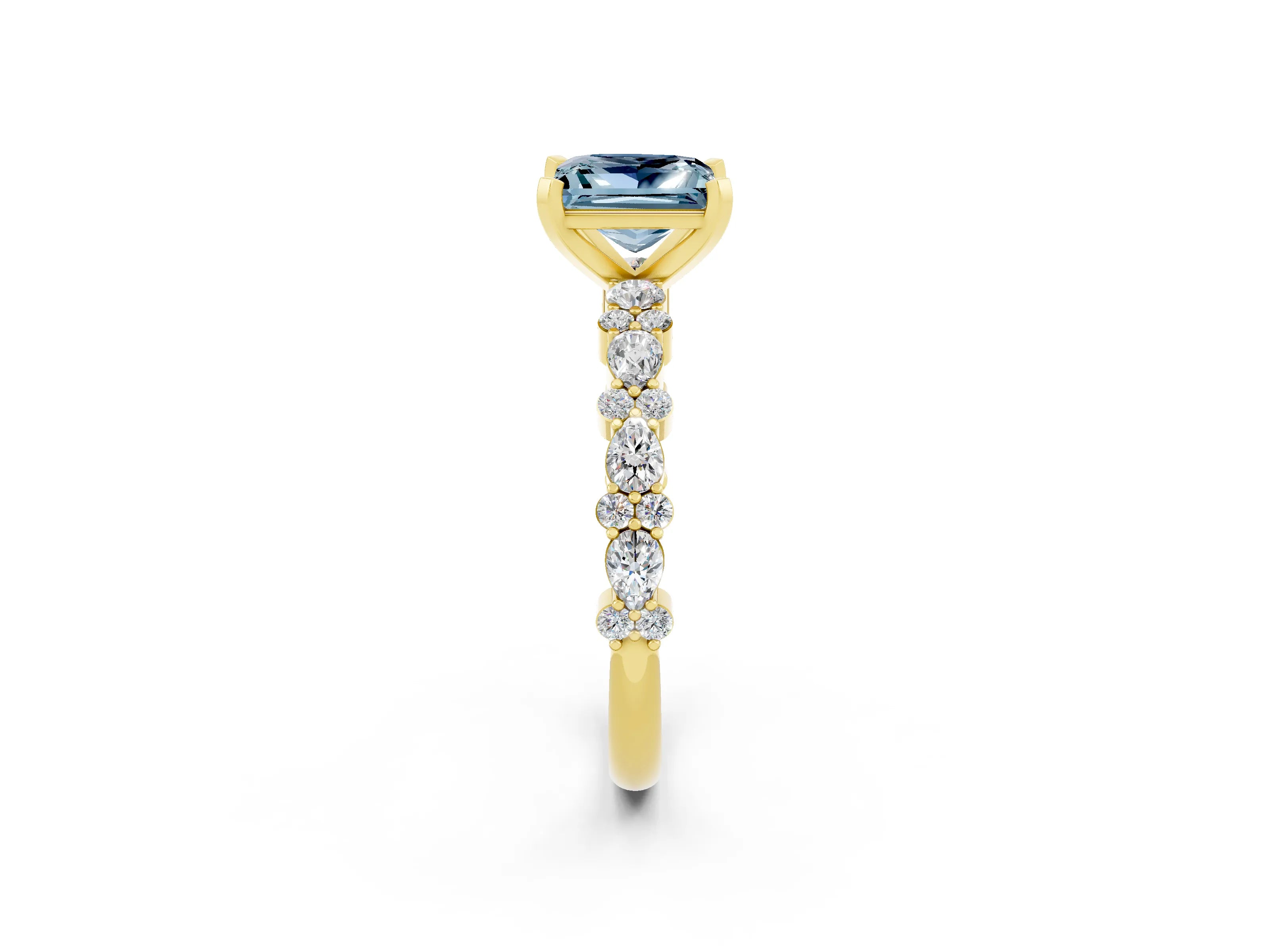 Yellow gold Princess Cut Aquamarine Solitaire with Side Stones, Pave Band, Four-Prong Setting_26