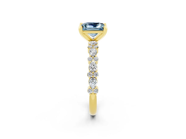 Yellow gold Princess Cut Aquamarine Side Stone Solitaire Ring with Round  and Four-Prong Setting