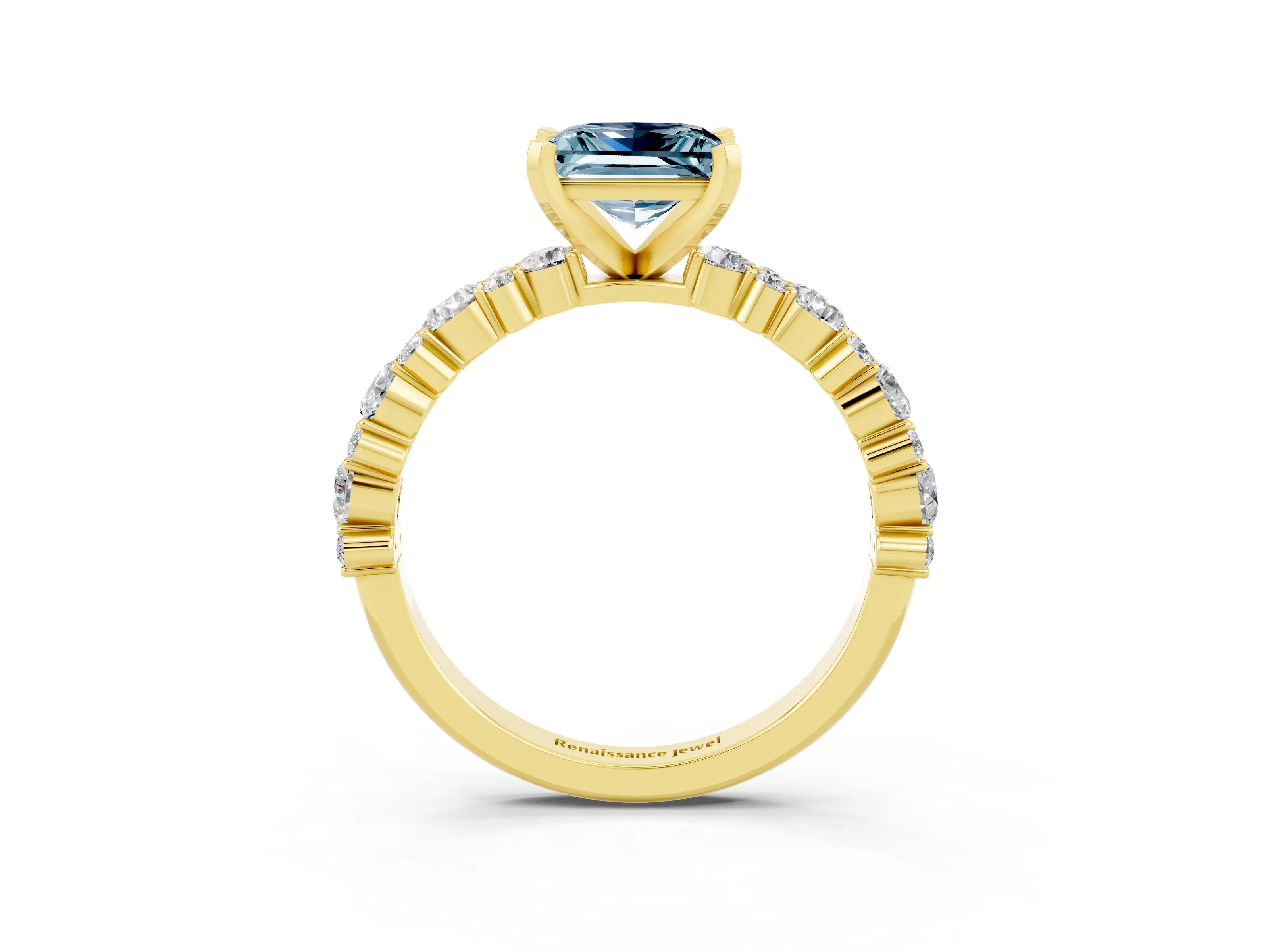 Yellow gold Princess Cut Aquamarine Solitaire with Side Stones, Pave Band, Four-Prong Setting_27