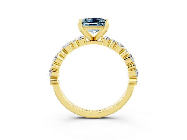 Yellow gold Princess Cut Aquamarine Side Stone Solitaire Ring with Round  and Four-Prong Setting