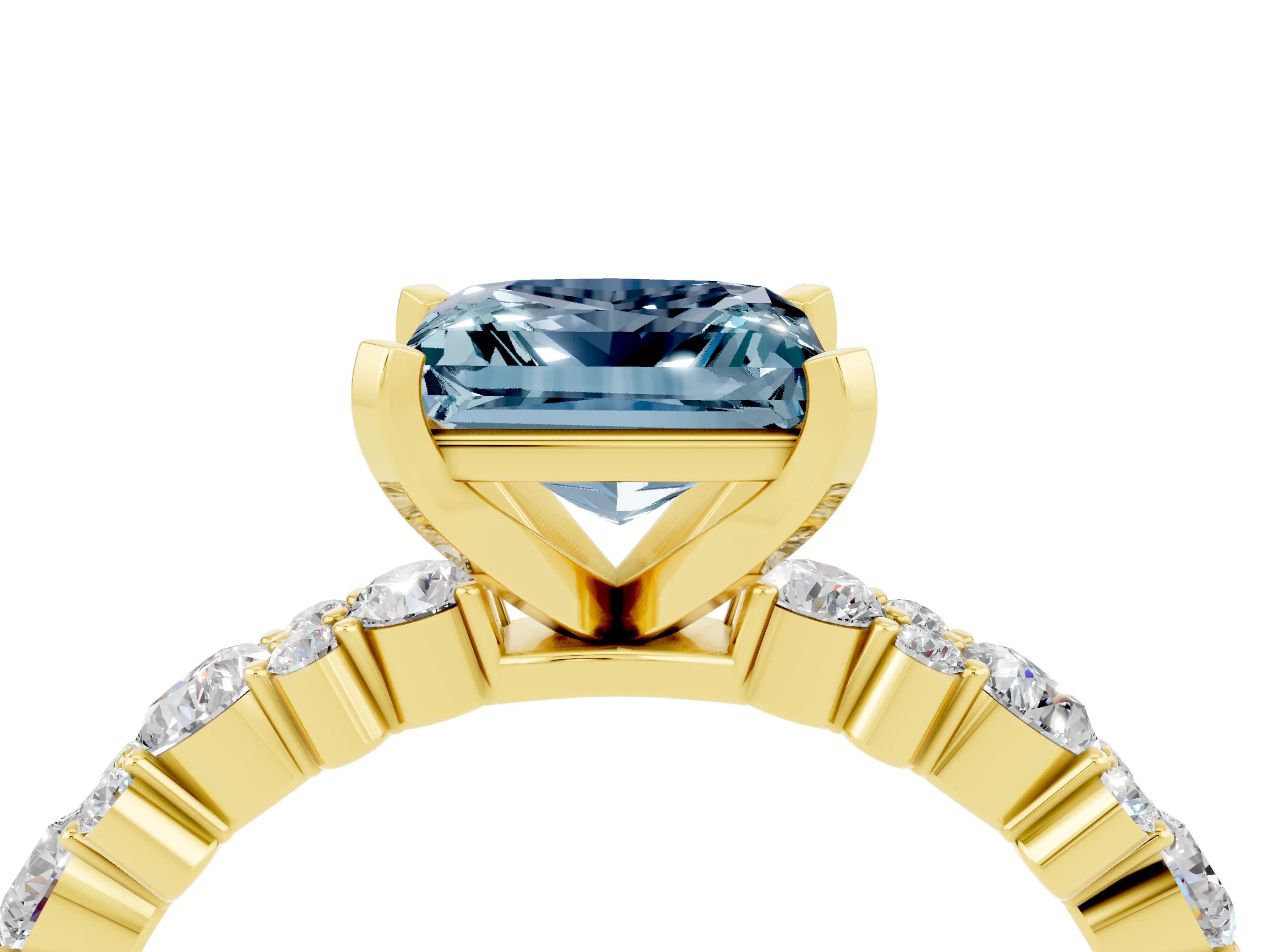 Yellow gold Princess Cut Aquamarine Solitaire with Side Stones, Pave Band, Four-Prong Setting_28