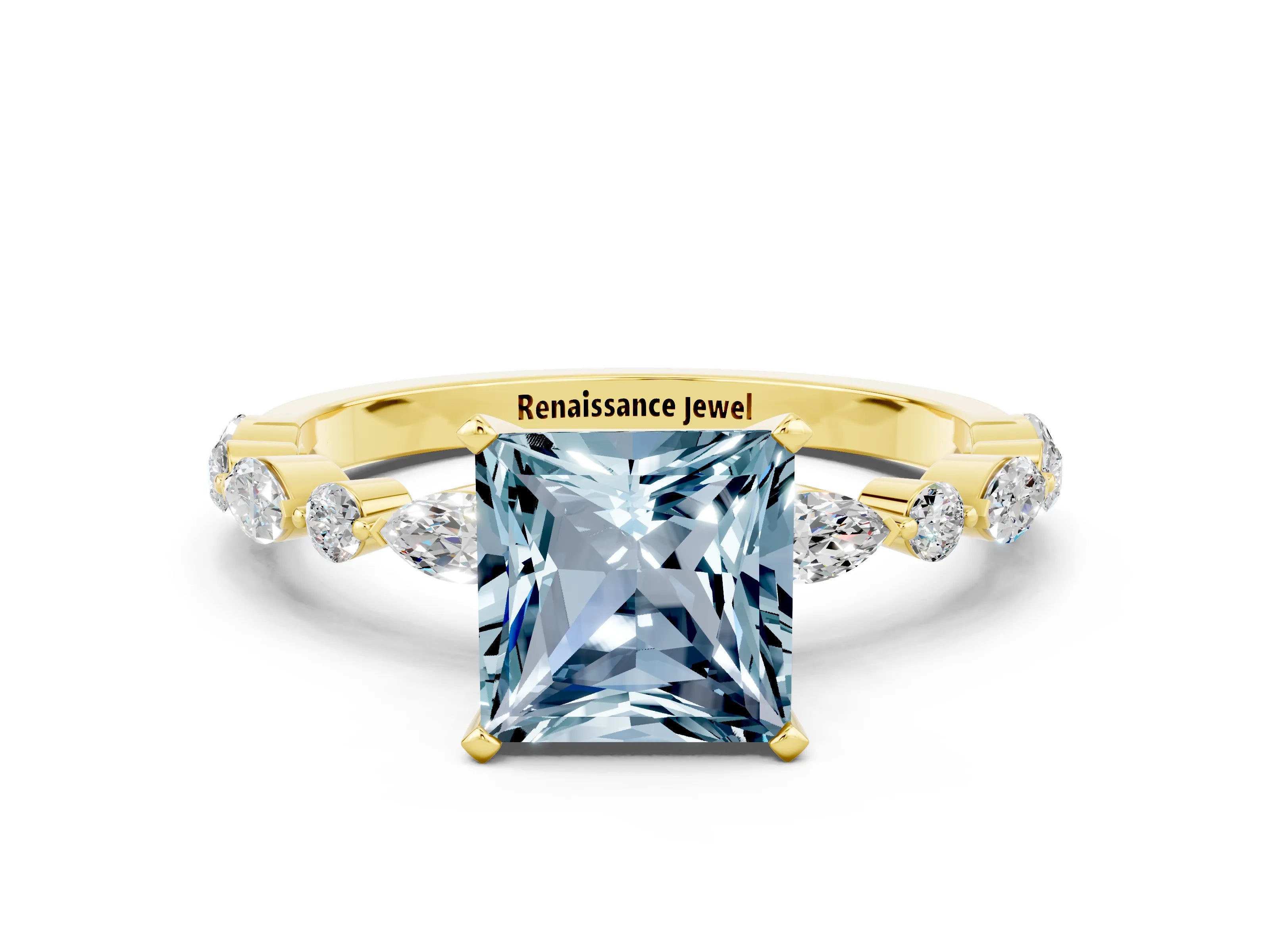Yellow gold Princess Cut Aquamarine Solitaire with Side Stones on a Pavé Band and Four-Prong Setting