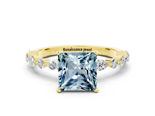 Yellow gold Princess Cut Aquamarine Ring with Marquise and Round  Side Stones and Four-Prong Setting