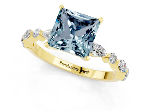 Yellow gold Princess Cut Aquamarine Solitaire with Side Stones on a Pavé Band and Four-Prong Setting_1