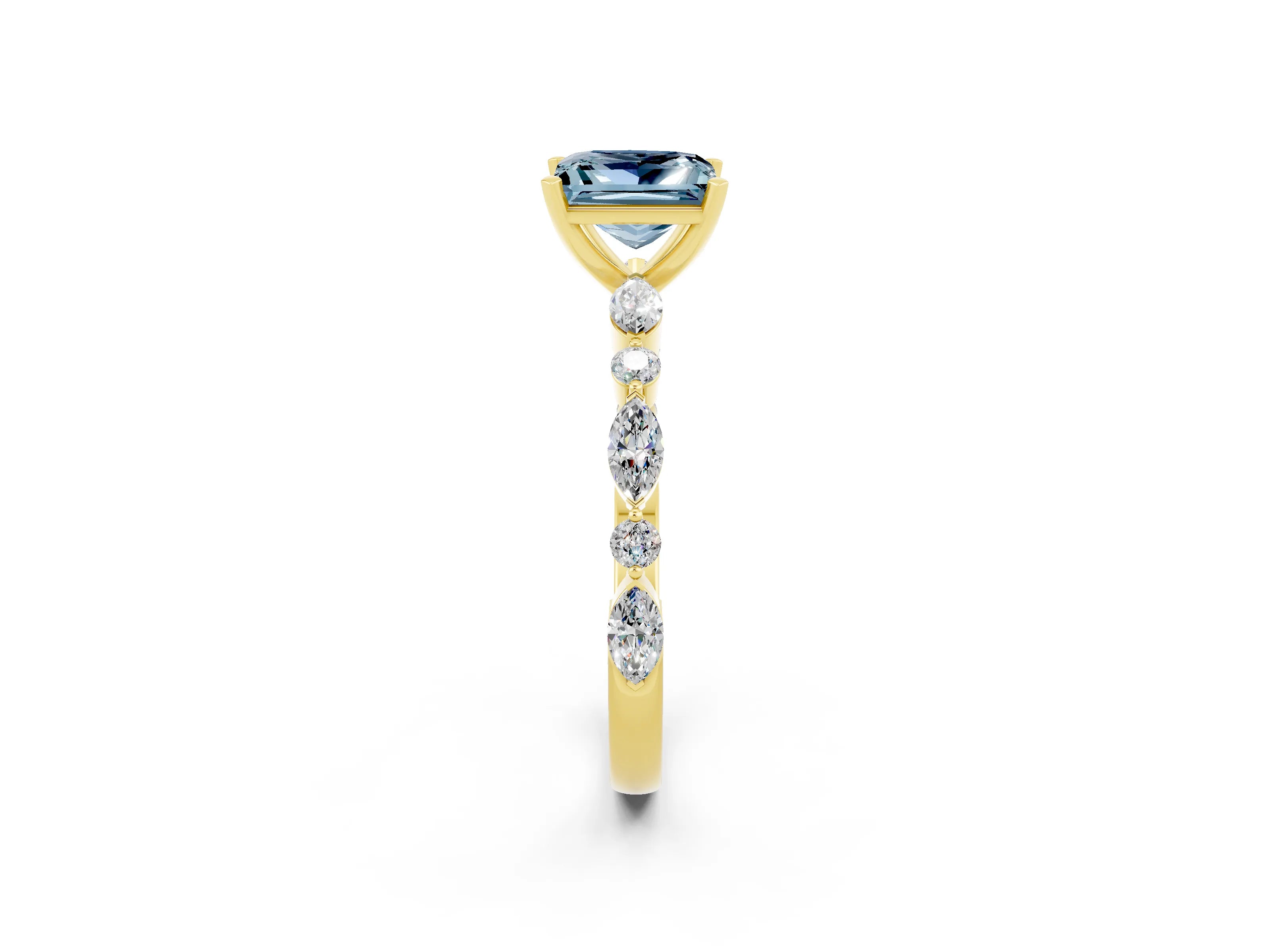 Yellow gold Princess Cut Aquamarine Solitaire with Side Stones on a Pavé Band and Four-Prong Setting_2
