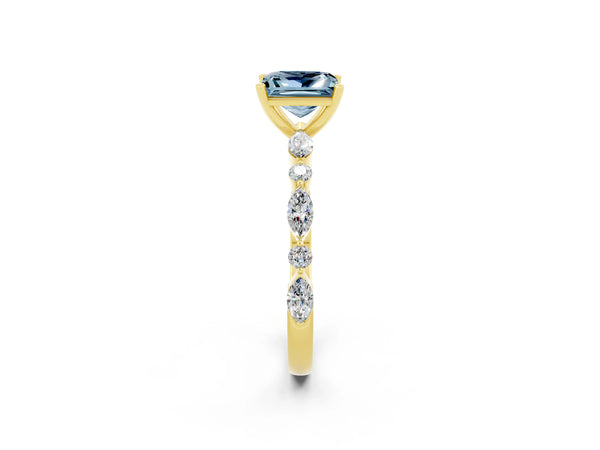 Yellow gold Princess Cut Aquamarine Ring with Marquise and Round  Side Stones and Four-Prong Setting