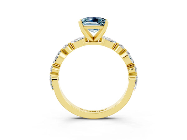 Yellow gold Princess Cut Aquamarine Ring with Marquise and Round  Side Stones and Four-Prong Setting