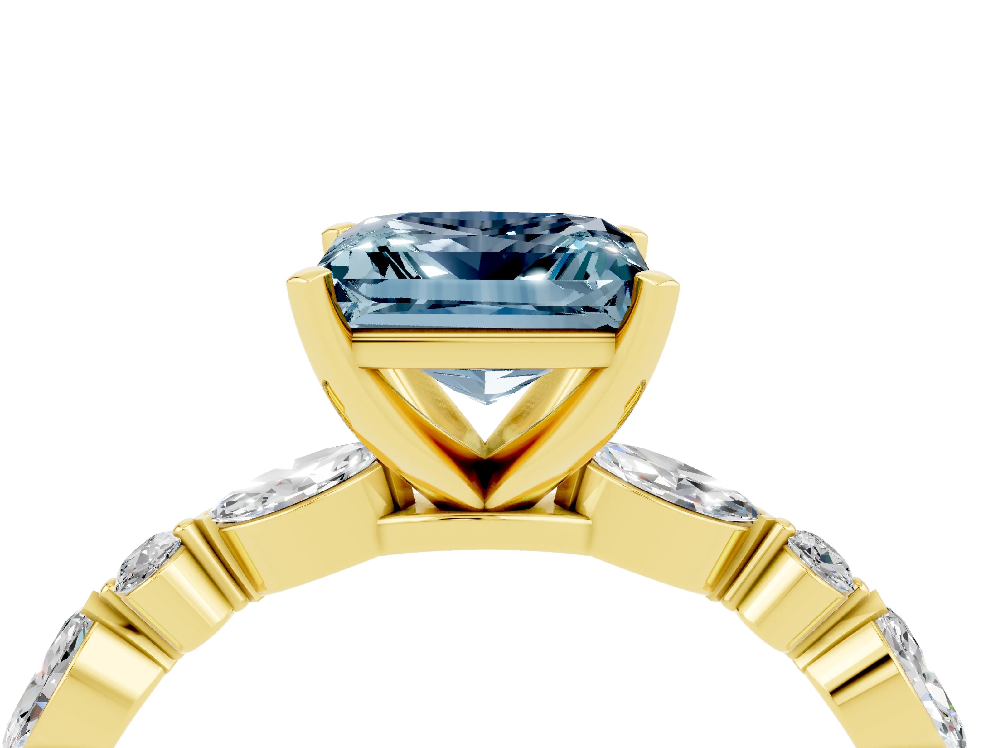 Yellow gold Princess Cut Aquamarine Solitaire with Side Stones on a Pavé Band and Four-Prong Setting_4