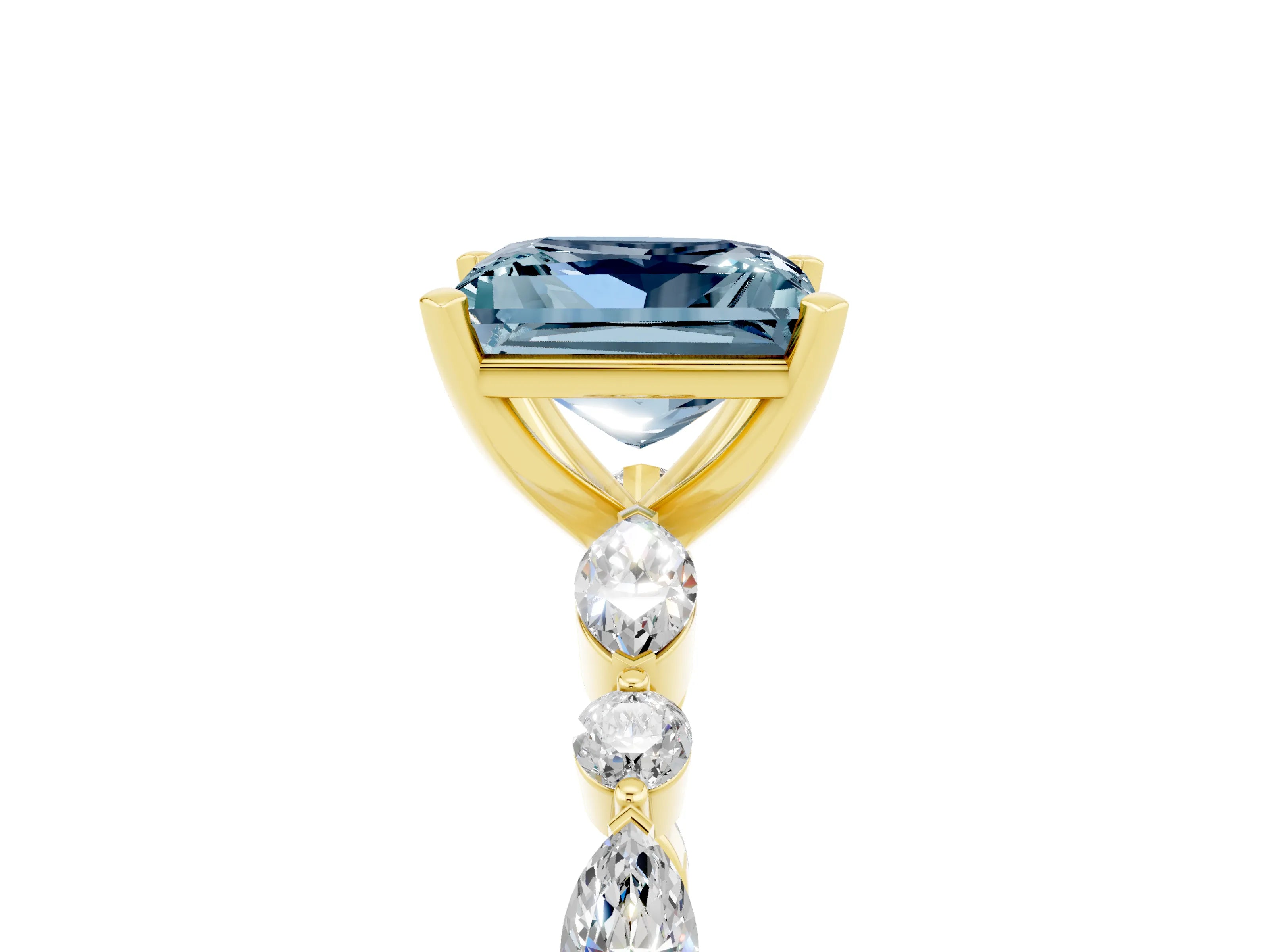 Yellow gold Princess Cut Aquamarine Solitaire with Side Stones on a Pavé Band and Four-Prong Setting_5