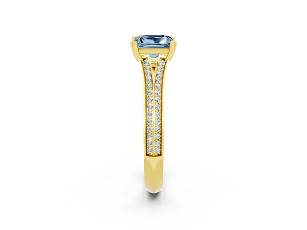 Yellow gold Princess Cut Aquamarine Split Shank Engagement Ring with Pavé Band