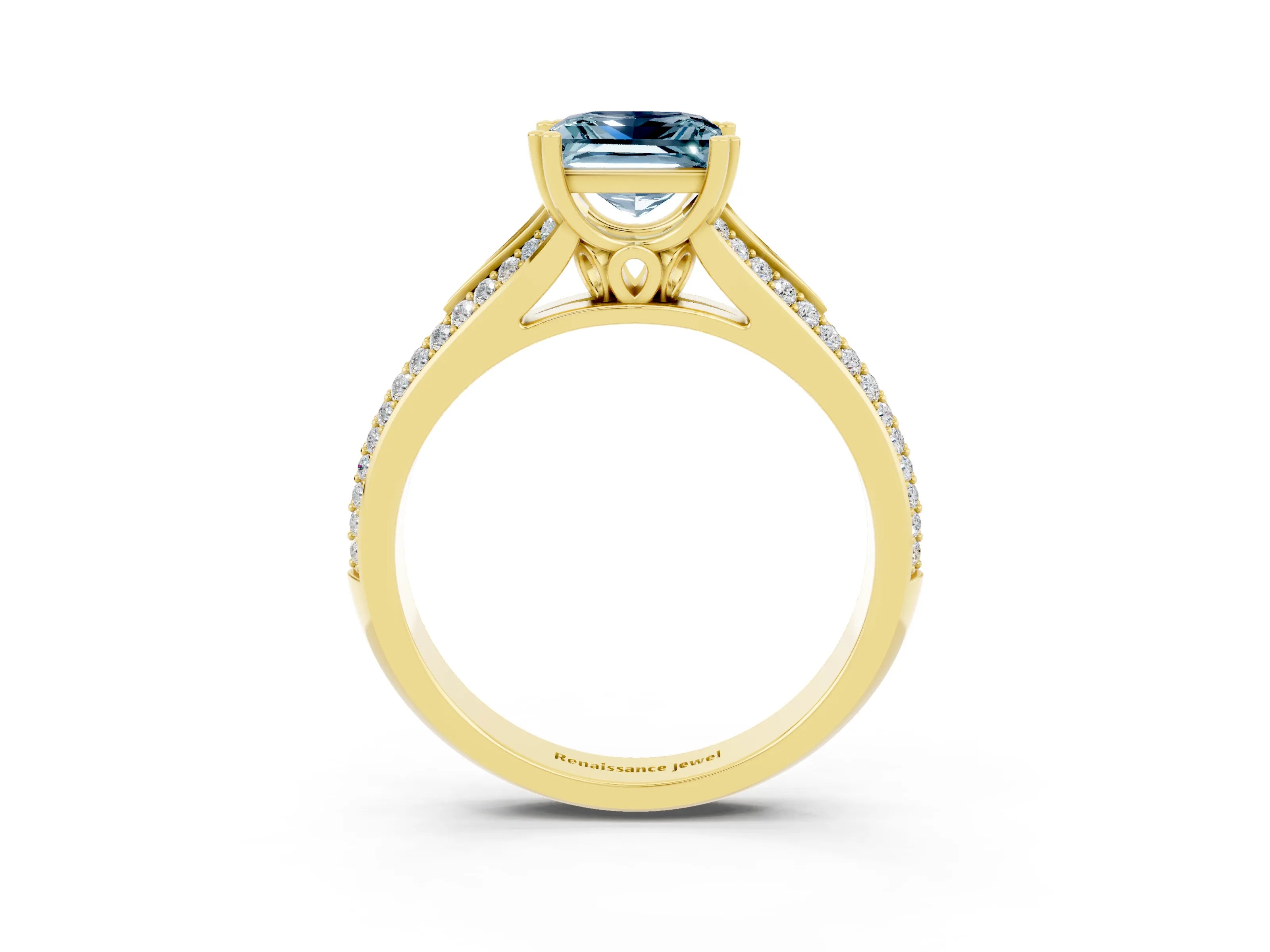 Yellow gold Princess Cut Aquamarine Split Shank Engagement Ring with Pavé Band_3