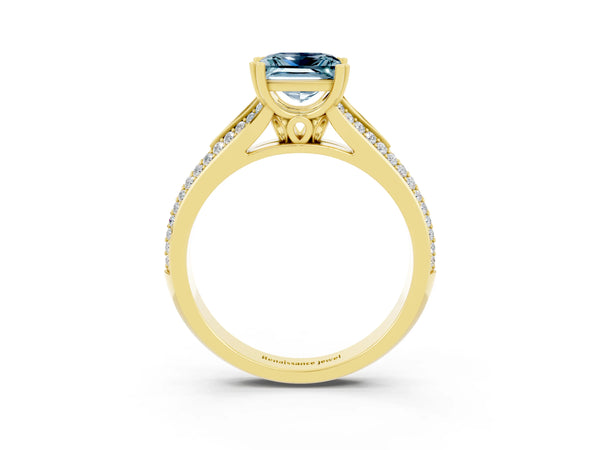 Yellow gold Princess Cut Aquamarine Split Shank Engagement Ring with Pavé Band