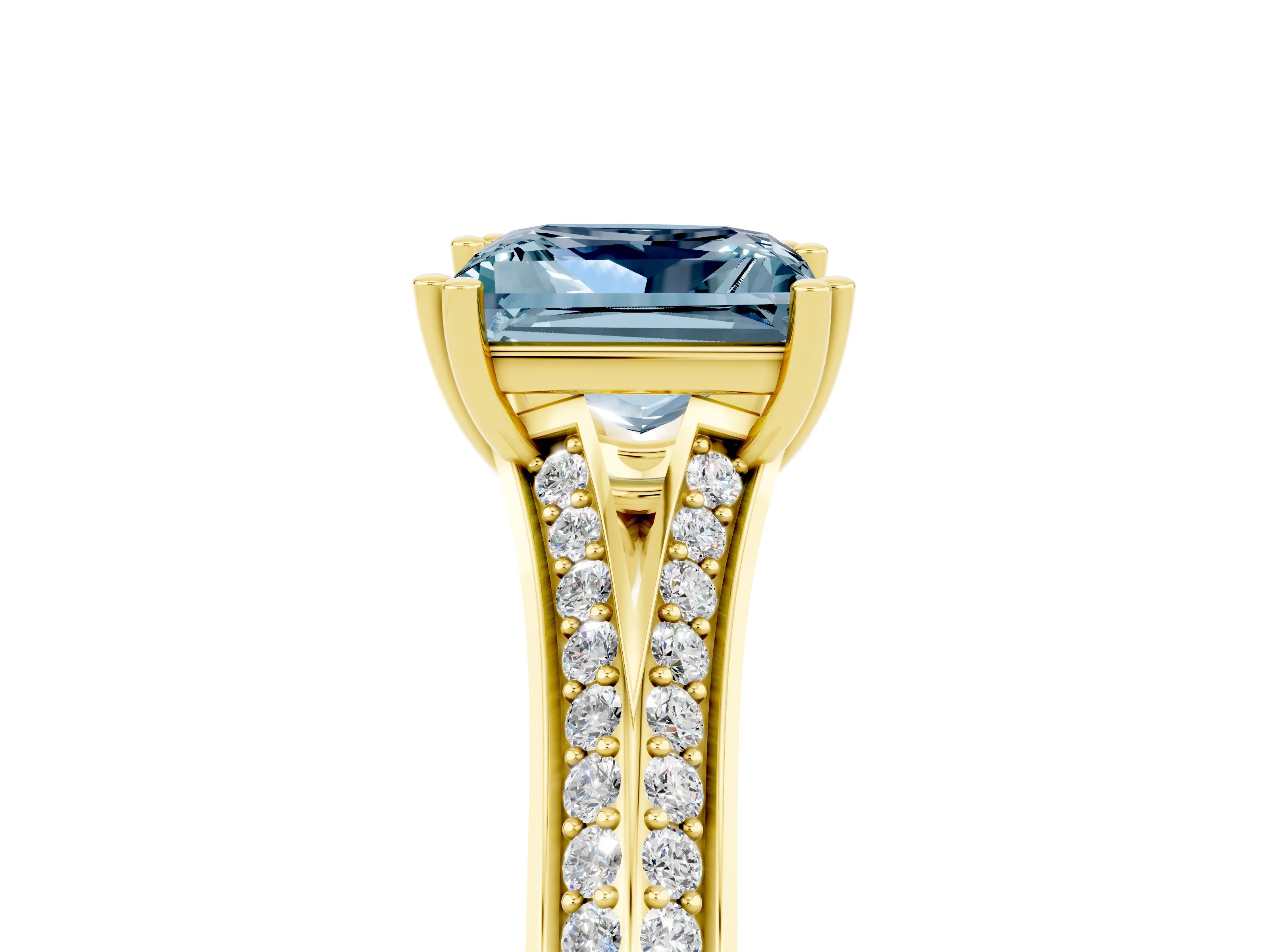 Yellow gold Princess Cut Aquamarine Split Shank Engagement Ring with Pavé Band_5
