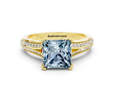 Yellow gold Princess Cut Aquamarine Split Shank Engagement Ring with Pavé Band