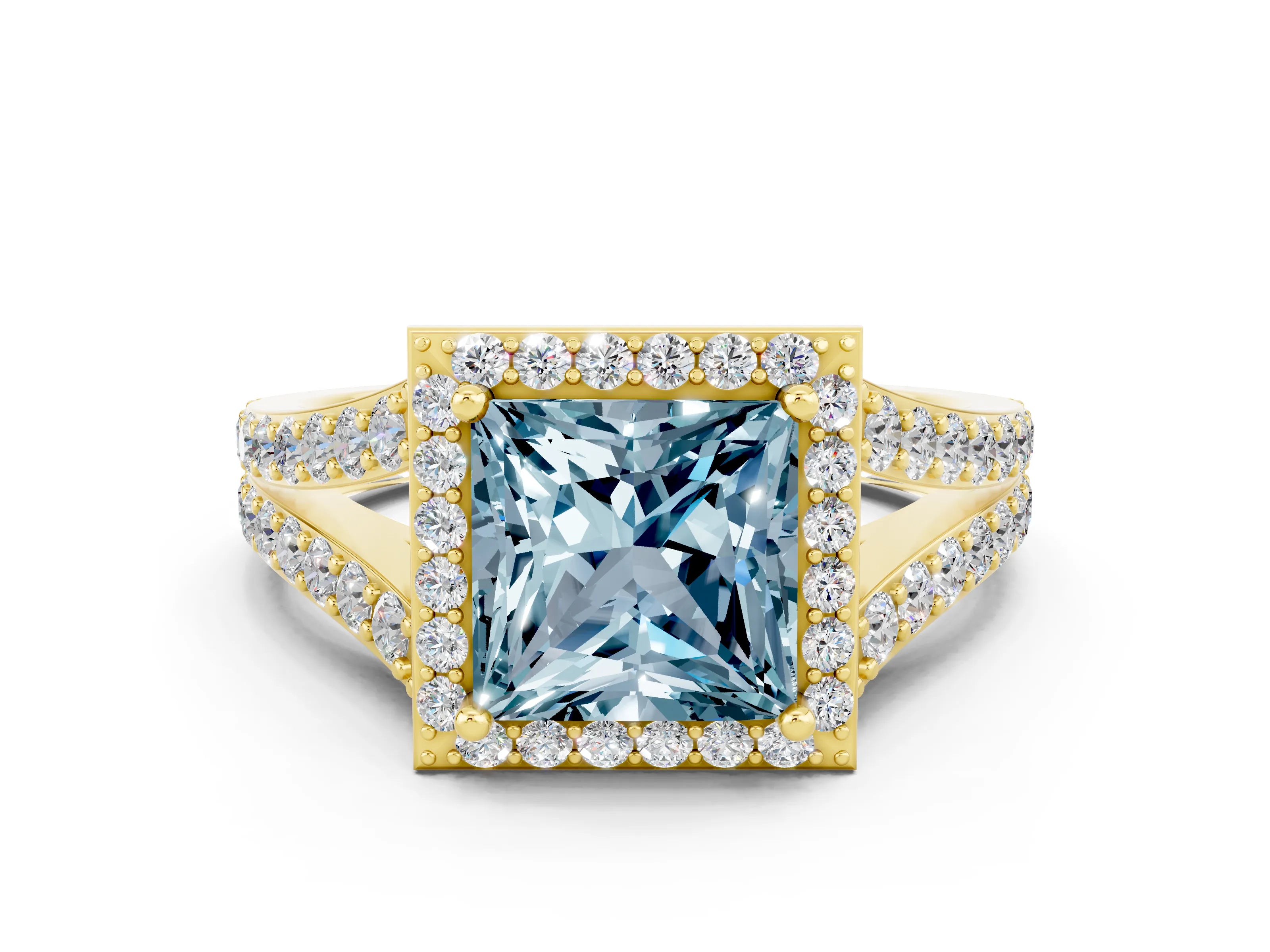Yellow gold Princess Cut Aquamarine Split Shank Halo Ring with Four-Prong Setting_12