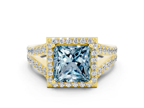 Yellow gold Princess Cut Aquamarine Split Shank Halo Ring with Four-Prong Setting_12