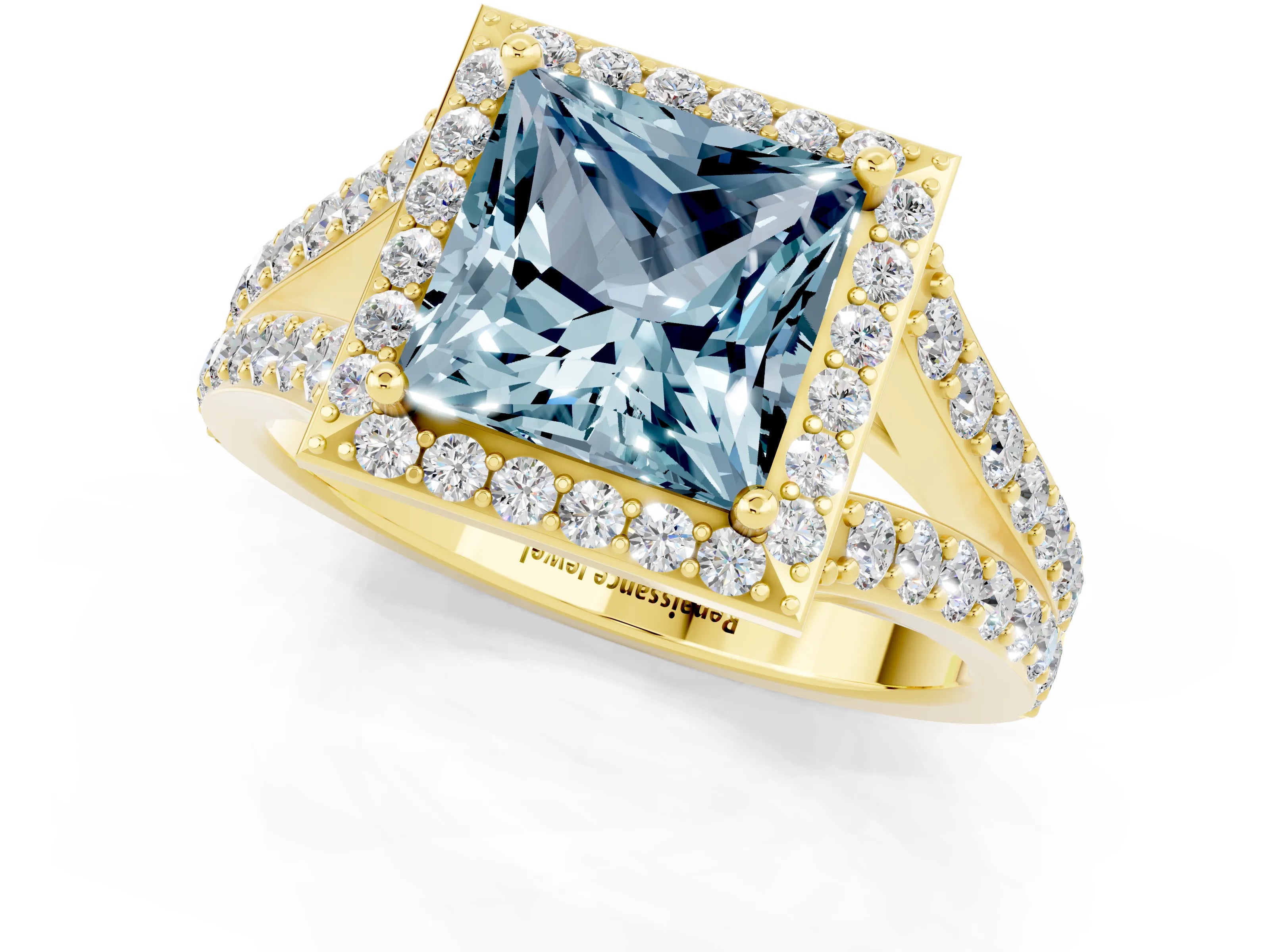 Yellow gold Princess Cut Aquamarine Split Shank Halo Ring with Four-Prong Setting_13