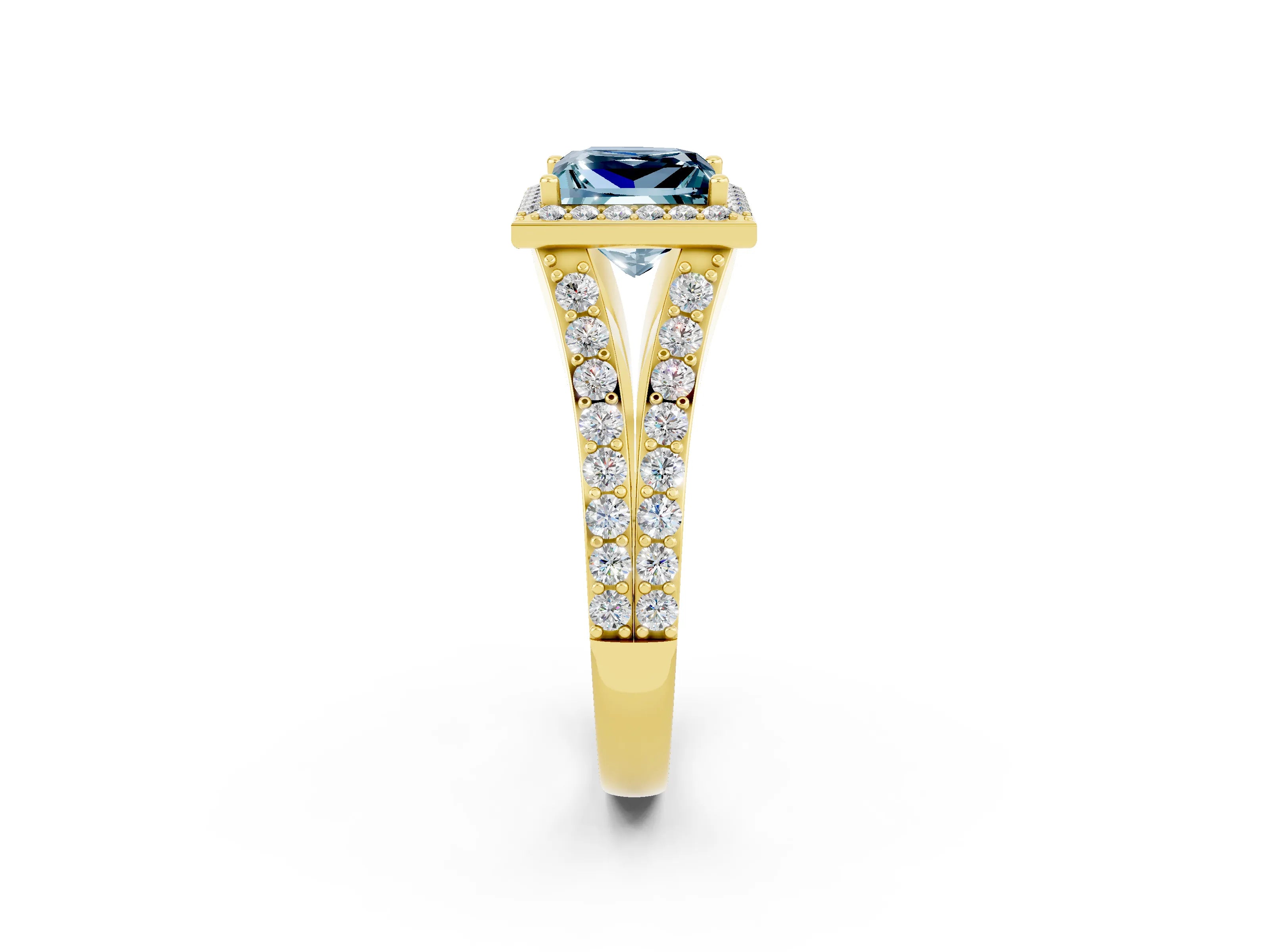 Yellow gold Princess Cut Aquamarine Split Shank Halo Ring with Four-Prong Setting_14
