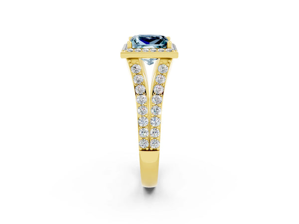 Yellow gold Princess Cut Aquamarine Split Shank Halo Ring with Four-Prong Setting