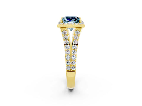 Yellow gold Princess Cut Aquamarine Split Shank Halo Ring with Four-Prong Setting_14