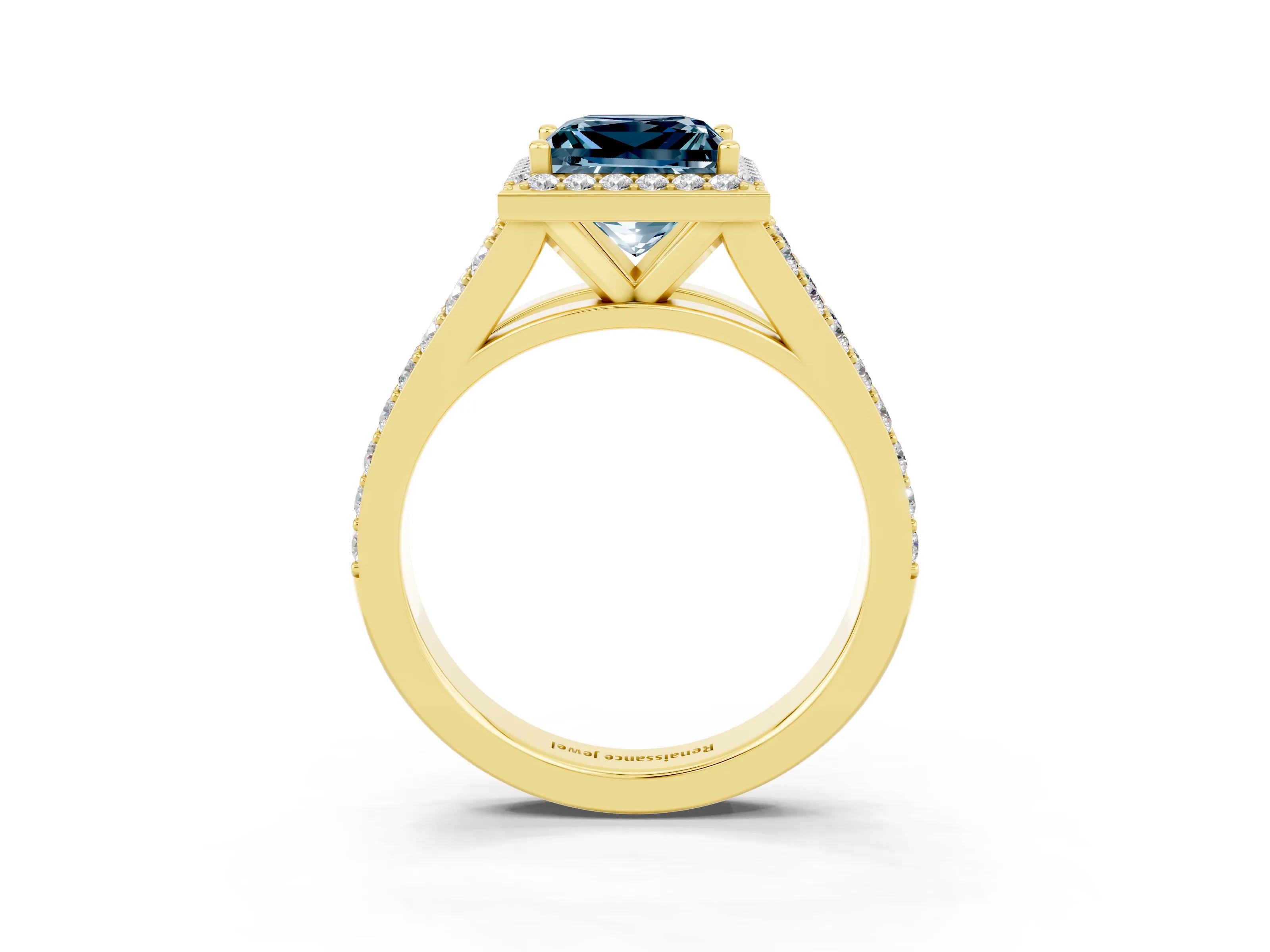 Yellow gold Princess Cut Aquamarine Split Shank Halo Ring with Four-Prong Setting_15