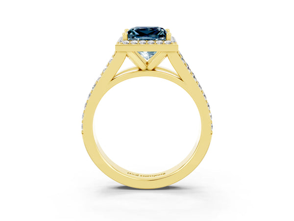Yellow gold Princess Cut Aquamarine Split Shank Halo Ring with Four-Prong Setting