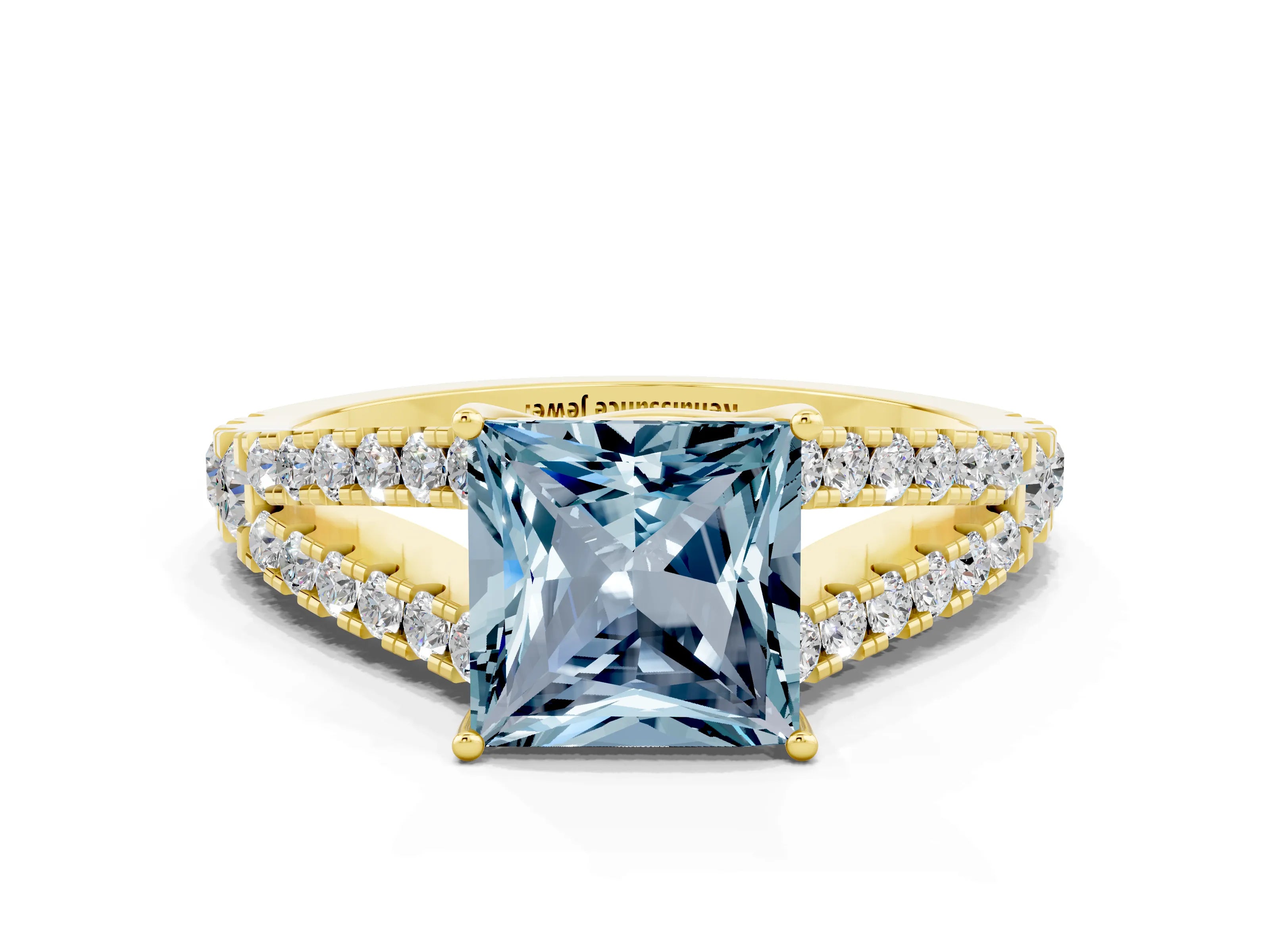 Yellow gold Princess Cut Aquamarine Split Shank Pavé Engagement Ring with Four-Prong Setting_12
