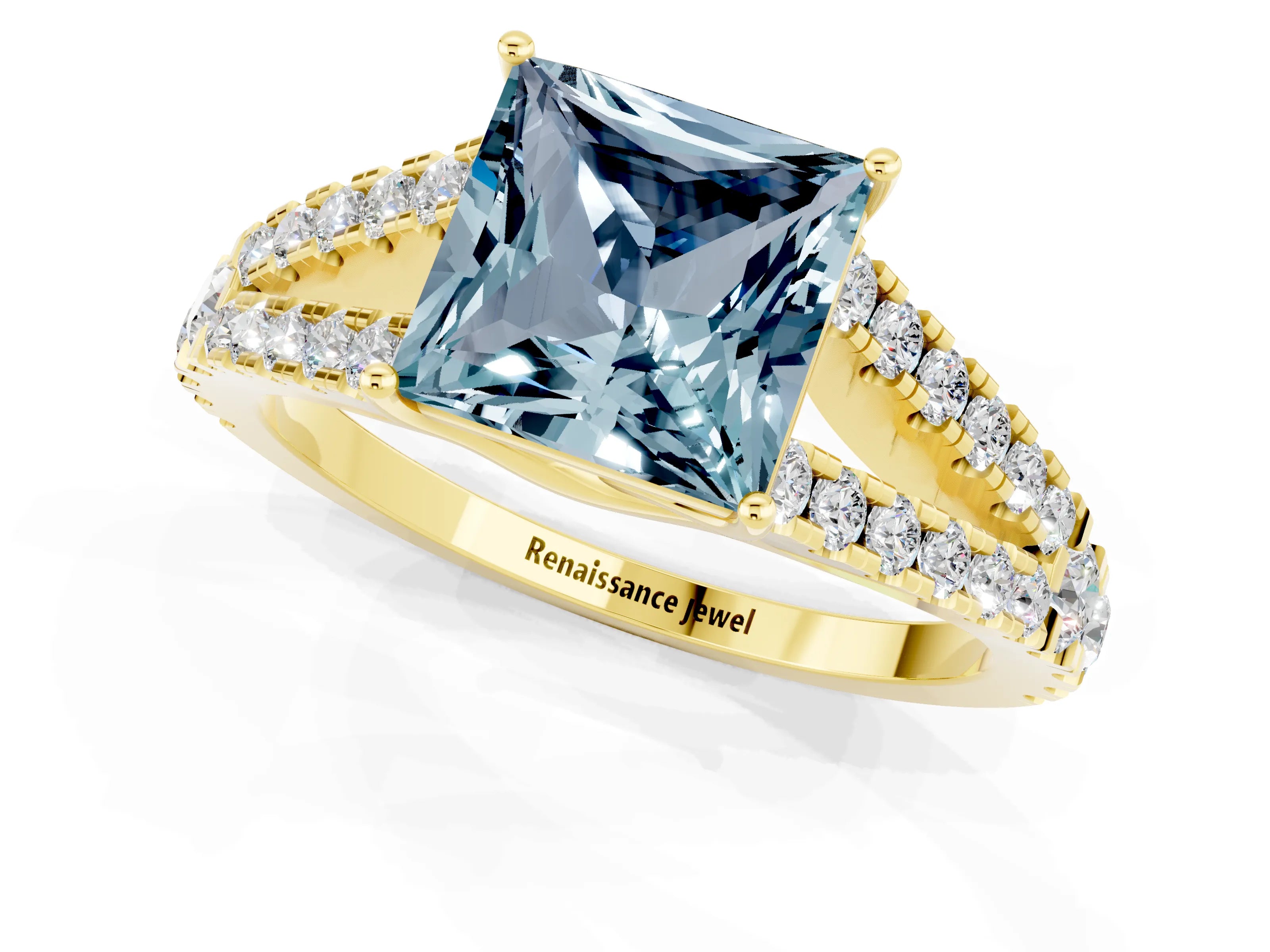 Yellow gold Princess Cut Aquamarine Split Shank Pavé Engagement Ring with Four-Prong Setting_13