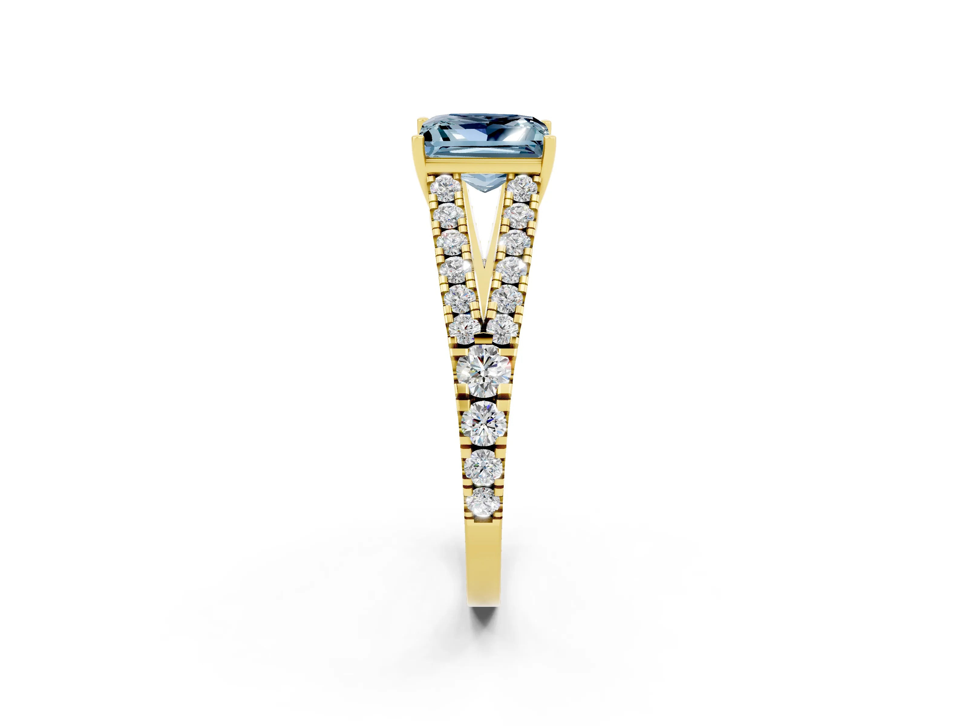 Yellow gold Princess Cut Aquamarine Split Shank Pavé Engagement Ring with Four-Prong Setting_14