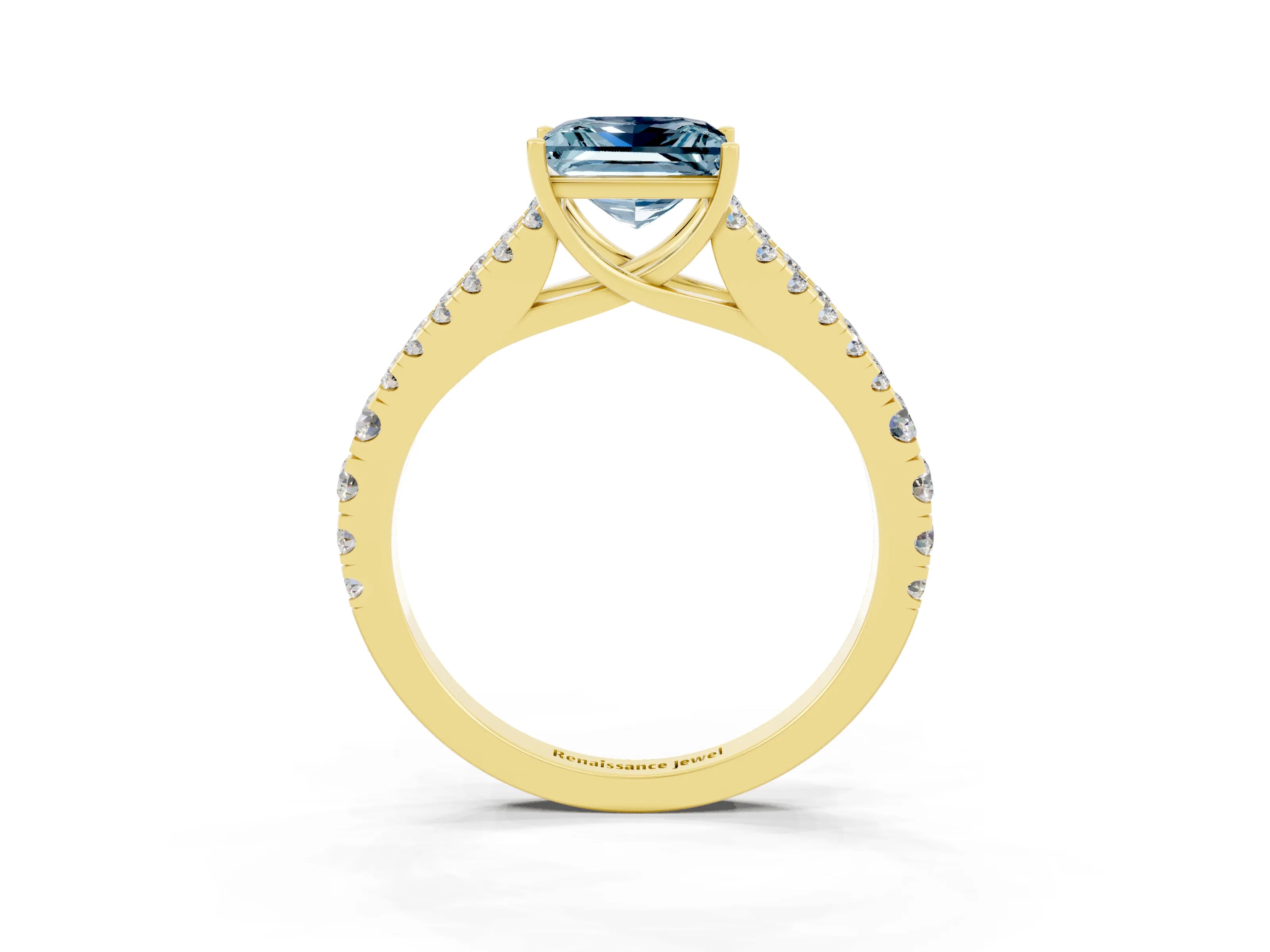 Yellow gold Princess Cut Aquamarine Split Shank Pavé Engagement Ring with Four-Prong Setting_15