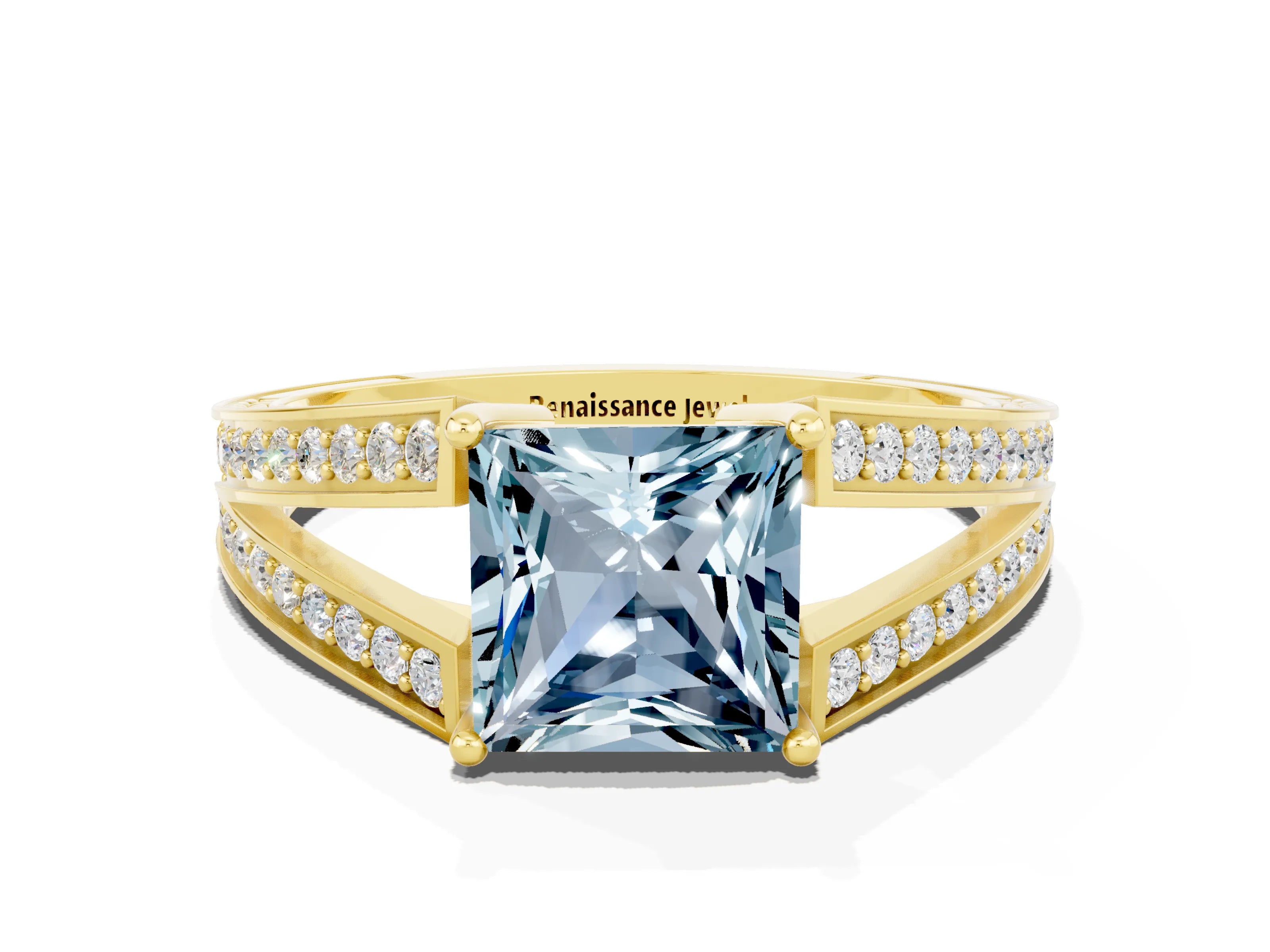 Yellow gold Princess Cut Aquamarine Split Shank Ring with Pavé Band and Four-Prong Setting