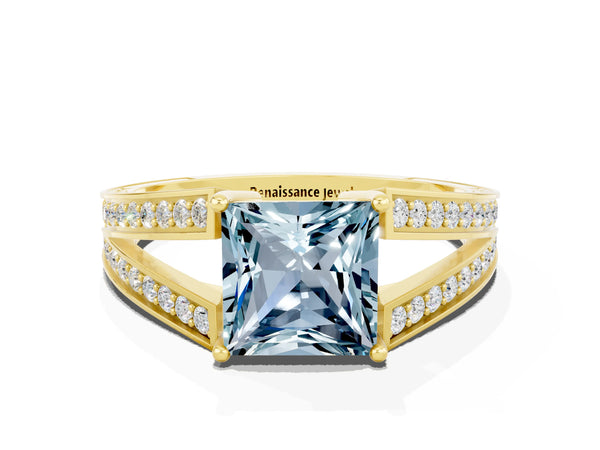 Yellow gold Princess Cut Aquamarine Split Shank Ring with Pavé Band and Four-Prong Setting