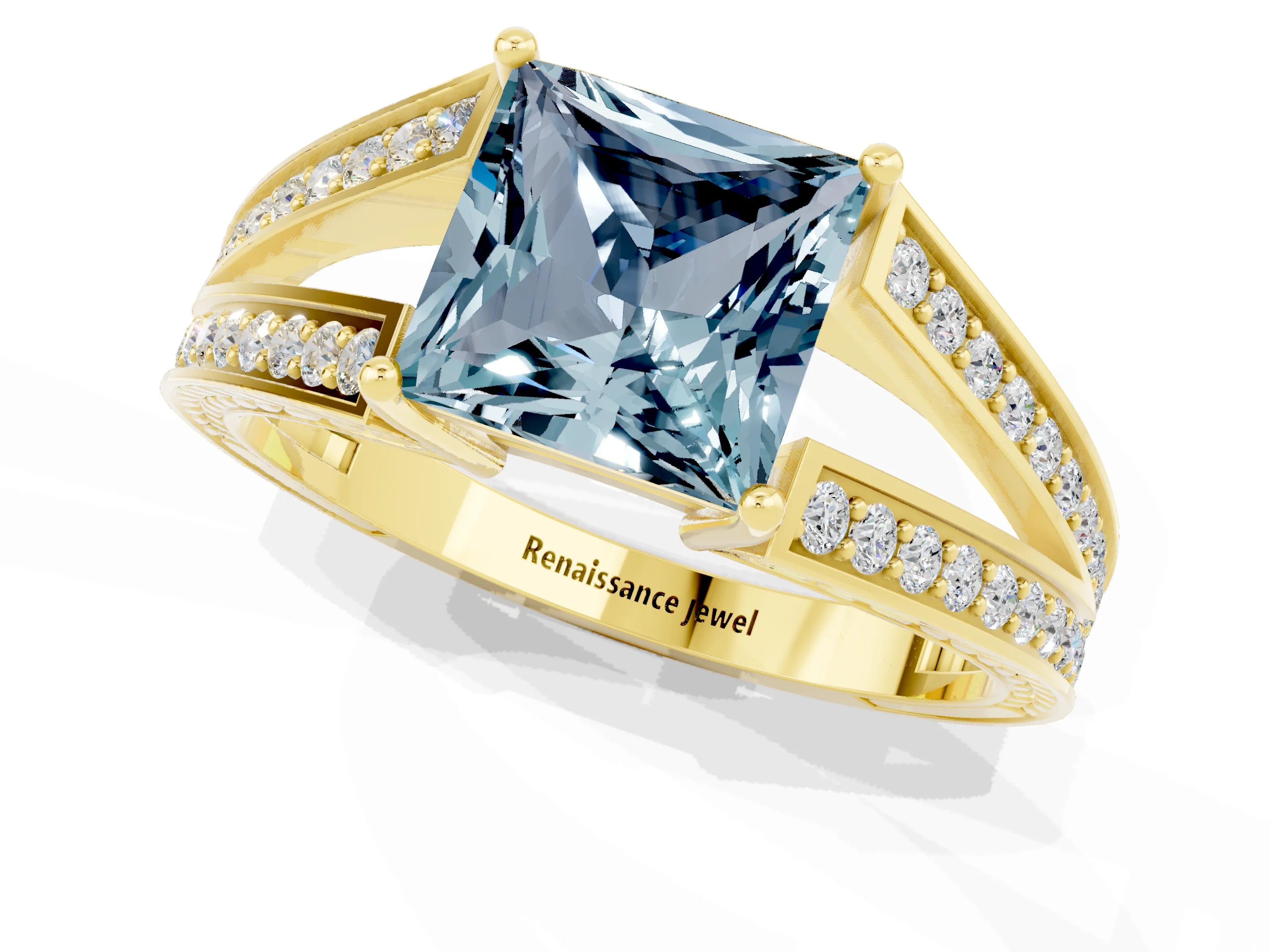 Yellow gold Princess Cut Aquamarine Split Shank Ring with Pavé Band and Four-Prong Setting_1