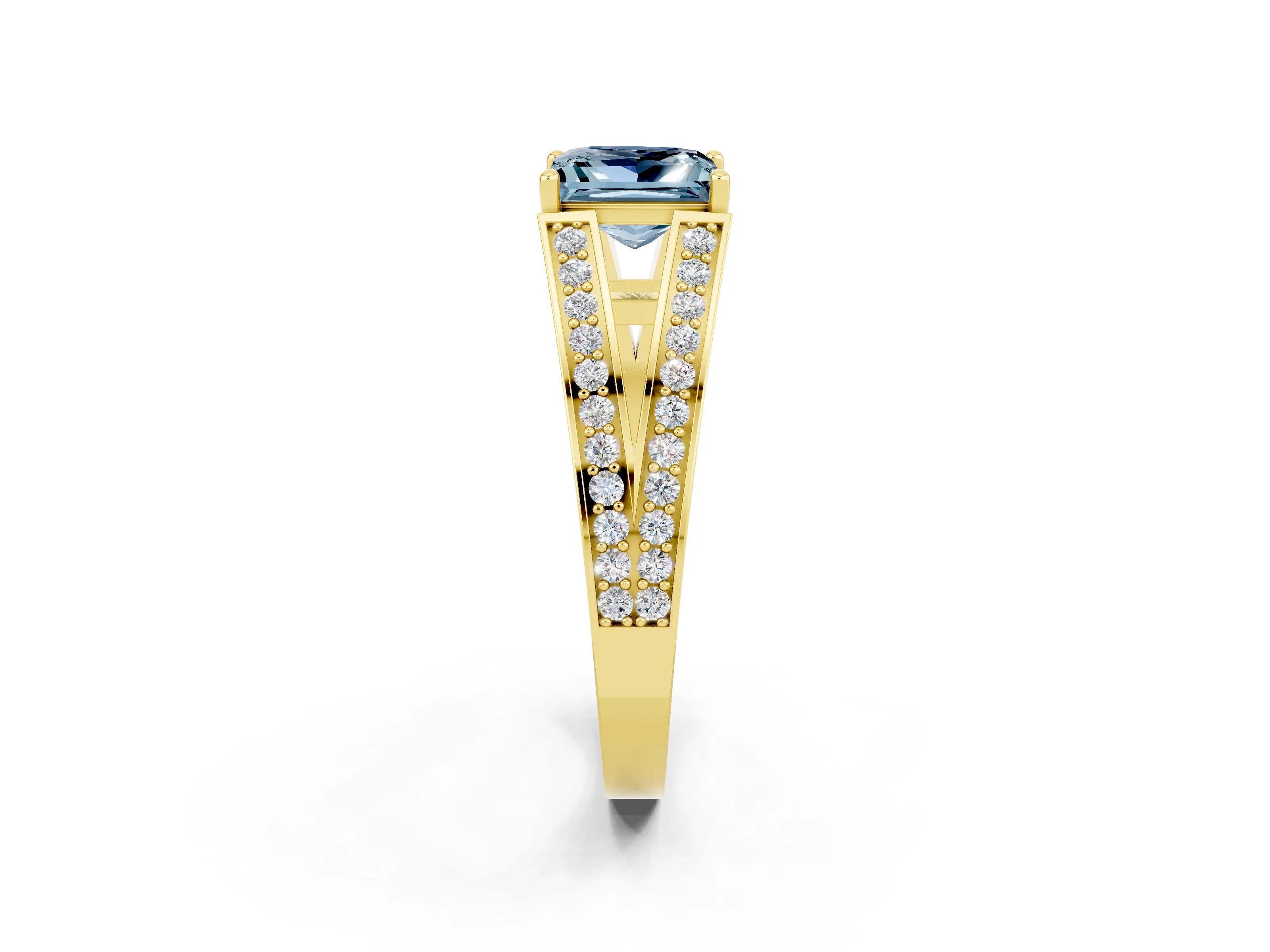 Yellow gold Princess Cut Aquamarine Split Shank Ring with Pavé Band and Four-Prong Setting_2
